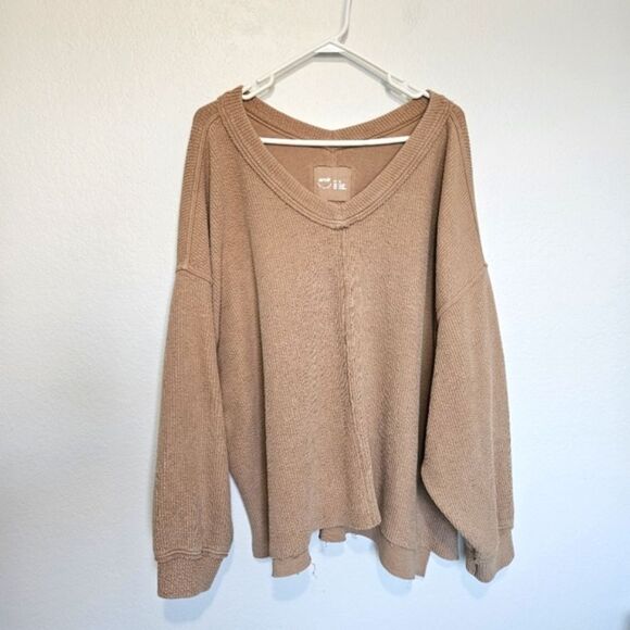 Aerie | Wonder Textured V-Neck Brown Slouchy Oversize Sweatshirt Women Medium - Picture 4 of 7